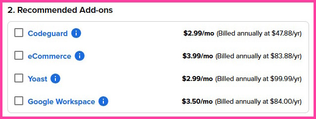 Bluehost Recommended Add-ons section with boxes unchecked.
