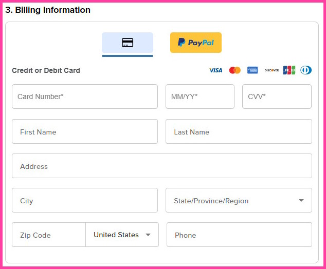 Bluehost payment form showing where to enter billing and submit payment.