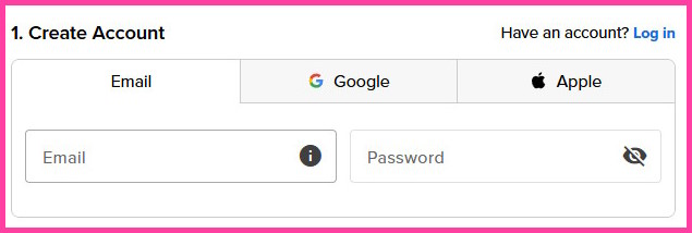 Bluehost account creation form showing email and password fields.