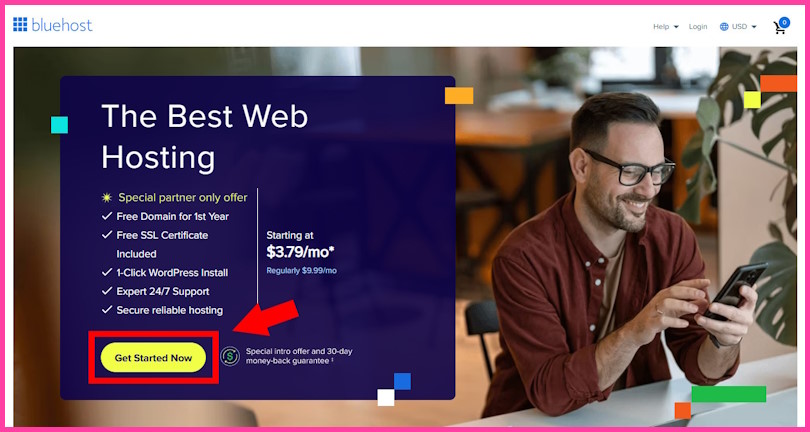 Bluehost homepage showing “Get Started Now” button for creating a new hosting account.