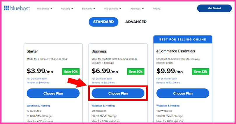 Bluehost hosting plans with Starter, Business, and E-Commerce Essentials options displayed.