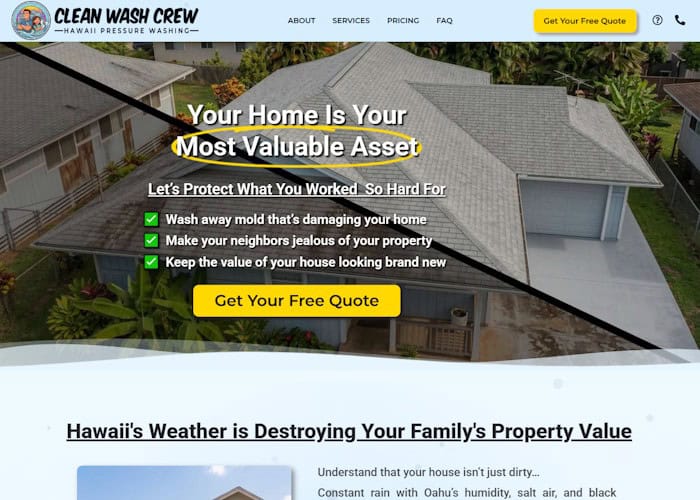 Website homepage mockup for Clean Wash Crew, an Oahu pressure washing company designed by Clean Design Launch